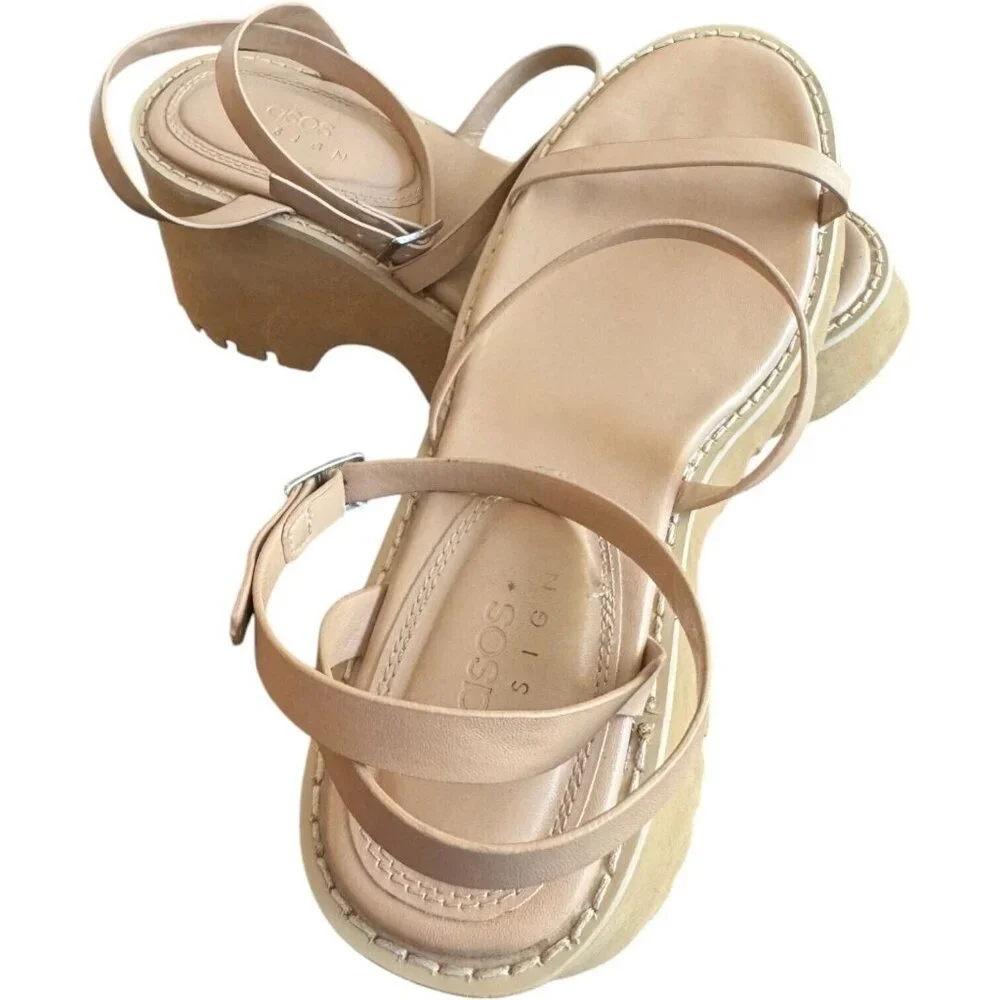 🪻BOGO🪻 ASOS DESIGN‎ Trip Triple Strap Chunky Platform Sandals Beige Size 8.5